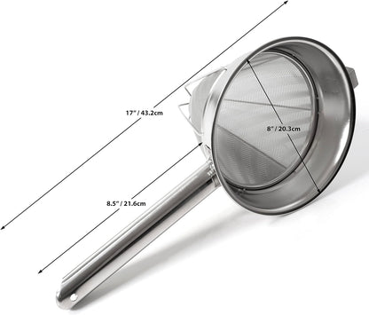 PINKIECLINK Bouillon Strainer - Stainless Steel Fine Mesh Metal Food Chinois, Cone Separator, Kitchen Colander Sieve for Sauce Jam Jelly Tea, 8" - With Spatula