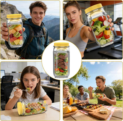 FNHMSL Side-Opening Mason Salad Jar, Portable (35 oZ) 1000ml Salad Container with Leakproof Dressing Cup, Includes Spoon and Cleaning Brush, Perfect for Meal Prep, Gym, Office, Picnic and Travel