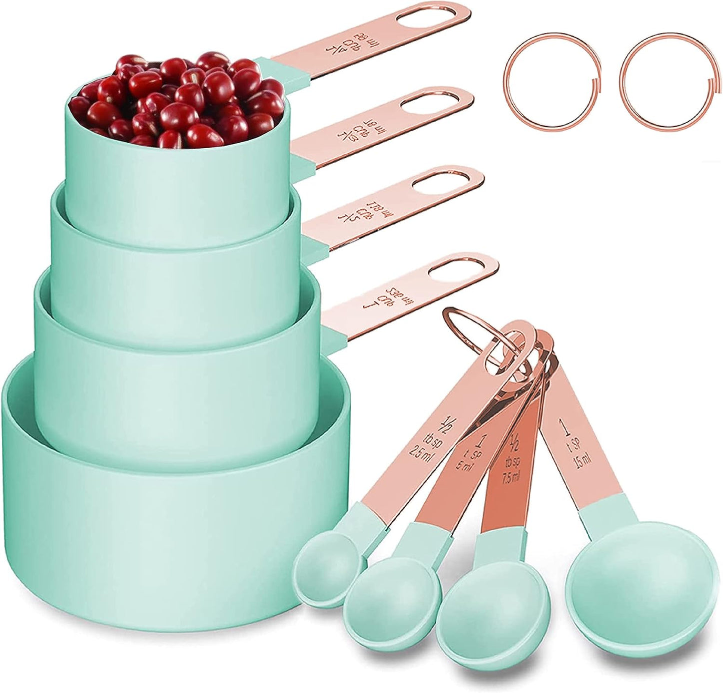 Rose Gold Stainless Steel Handle Measuring Cups and Spoons Set, 8 Piece Stackable Accurate Tablespoon for Measuring Dry and Liquid Ingredients Small Teaspoon with Plastic Head (Pink)