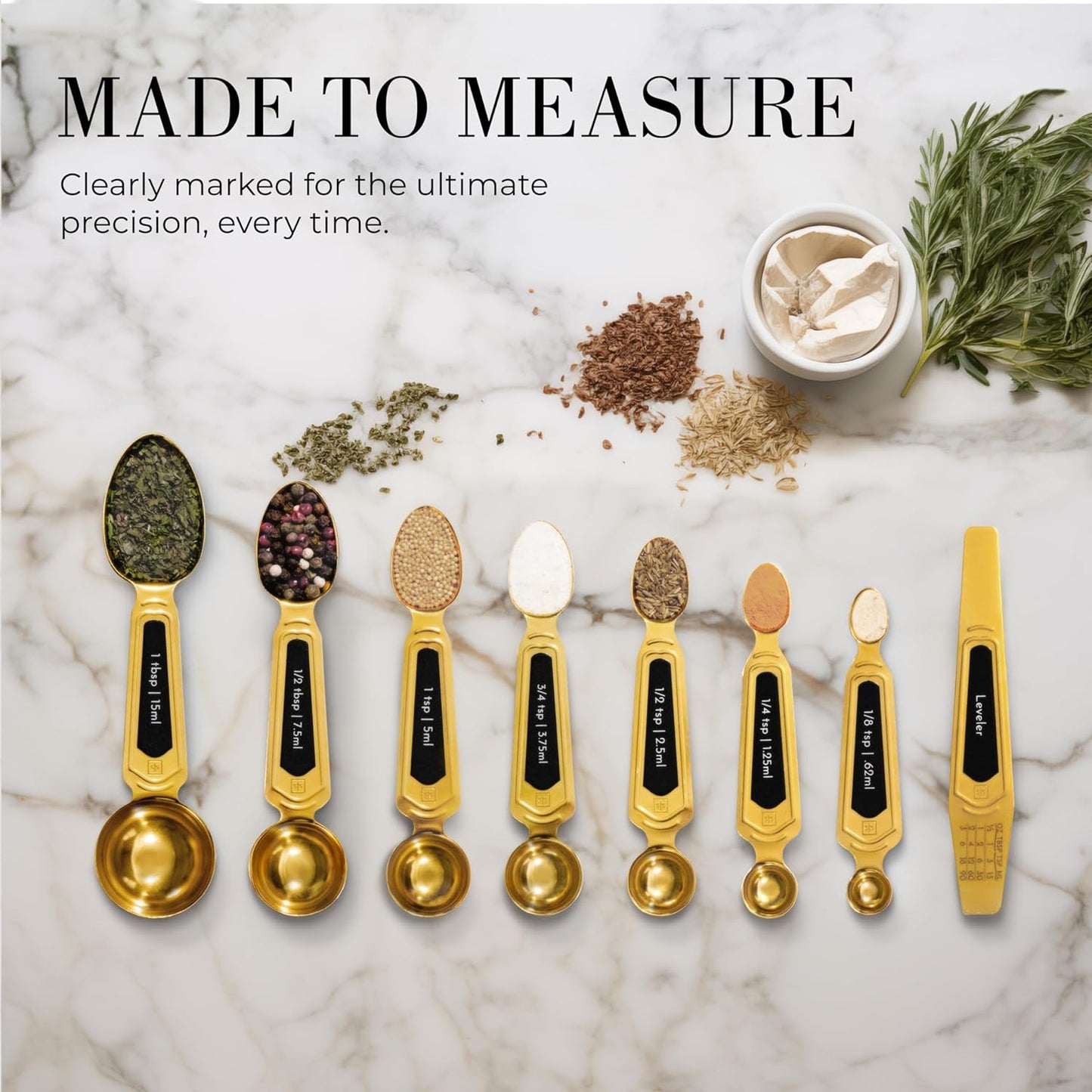 White and Gold Measuring Spoons with Leveler - Featuring 8PC Upgraded Style, Dual-Sided, Stackable, Stainless Magnetic Measuring Spoons Set - Fits in Spice Jars, White and Gold Kitchen Accessories