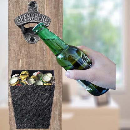 Satin Black Cast Iron Bottle Opener Wall Mounted with Bottle Cap Catcher Narrow