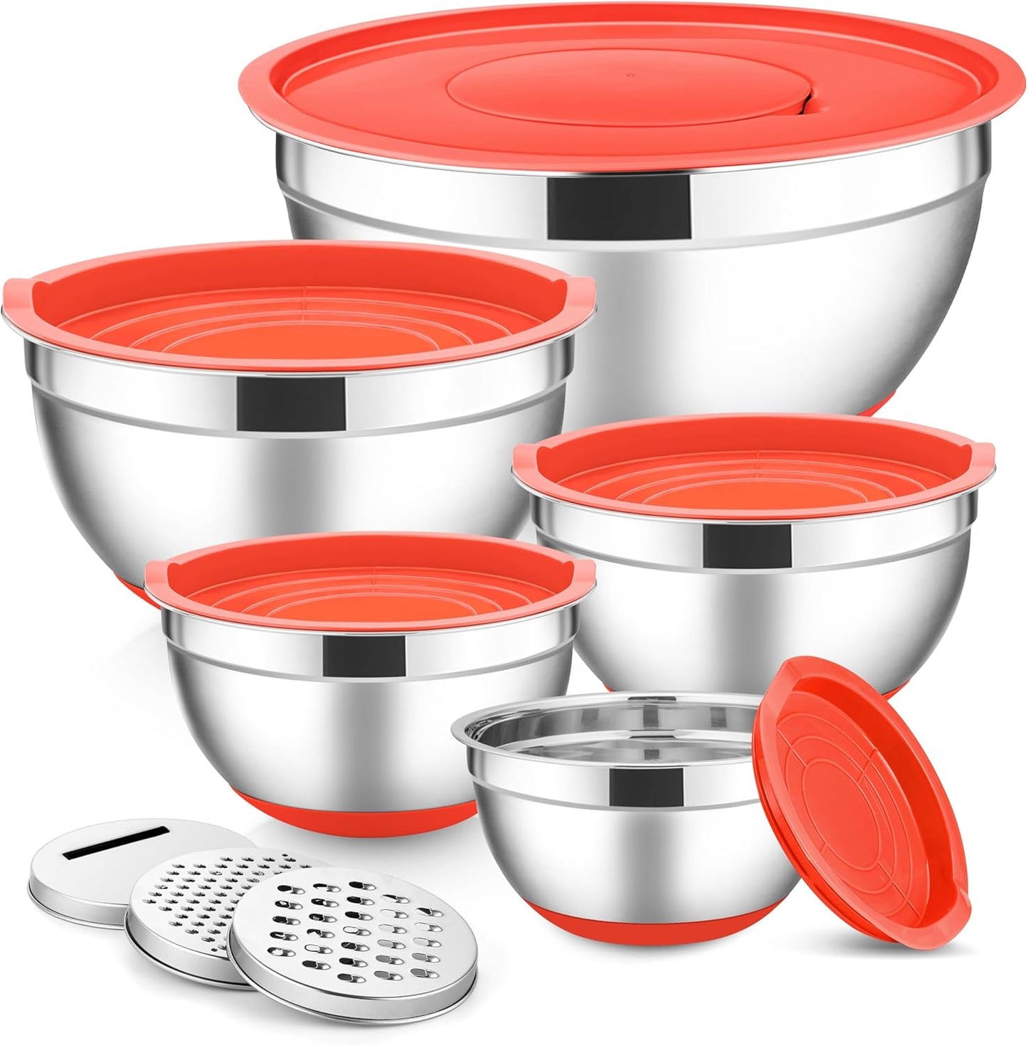 E-far Stainless Steel Mixing Bowls with Lids Set, 5-Piece Nesting Salad Bowls with 3 Grater Attachments and Non-Slip Bottoms, Size 4.6, 2.6, 2, 1.5, 1QT for Kitchen (Black)
