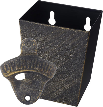 Satin Black Cast Iron Bottle Opener Wall Mounted with Bottle Cap Catcher Narrow