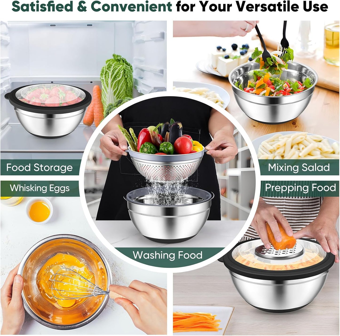 P&P CHEF Mixing Bowls with Lids Set of 3, Stainless Steel Mixing Bowl and Colander for Kitchen, 3 Grater Attachments & Non-Slip Bottoms, Visible & Airtight Lid, Khaki