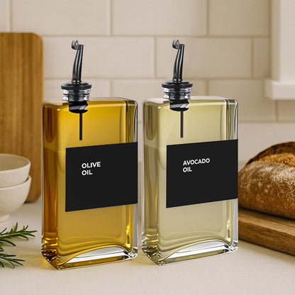 Spaceneat Olive Oil Dispenser Bottle - Includes 44 Kitchen Essential Labels - Cooking Oil Bottles for Kitchen, Coffee Syrup Dispenser - Pourer Spout with 11.8 fl oz Glass Container Cruet - 4pcs, Gold