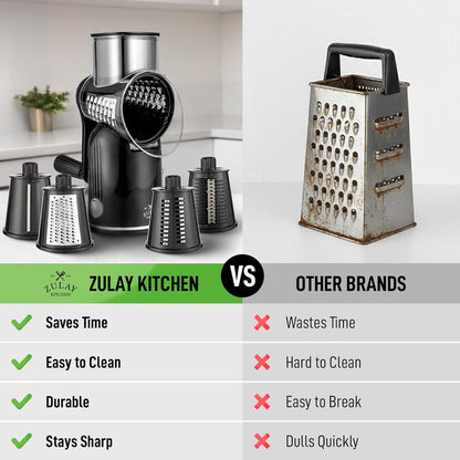 Zulay Kitchen Rotary Cheese Grater 5 Blade Cheese Shredder - Manual Hand Crank Cheese Grater With Reinforced Suction & 5 Interchangeable Drums - Easy to Use, Vegetable Chopper Round Mandoline Slicer - Colors B