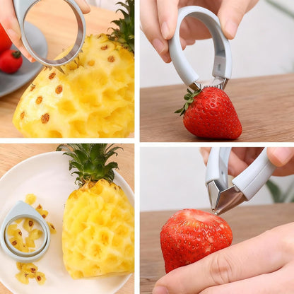 Strawberry Huller Stem Remover, Pineapple Eye Remover Tool, Twist-and-Remove Rotating Design Ergonomic Fatigue-Free Strawberry Pitter with Precision Tip for Camping & Meal Prep