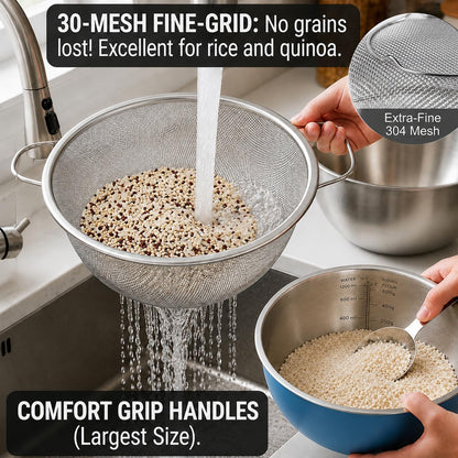 3.5QT Stainless Steel strainer bowl Set, Rice Washing Bowl with SUS304 Food Grade Metal Mixing Bowl with Measurement Marks, Large Fruit Washing Bowl for Rice, Quinoa, Pasta, Vegetables,2 Pack