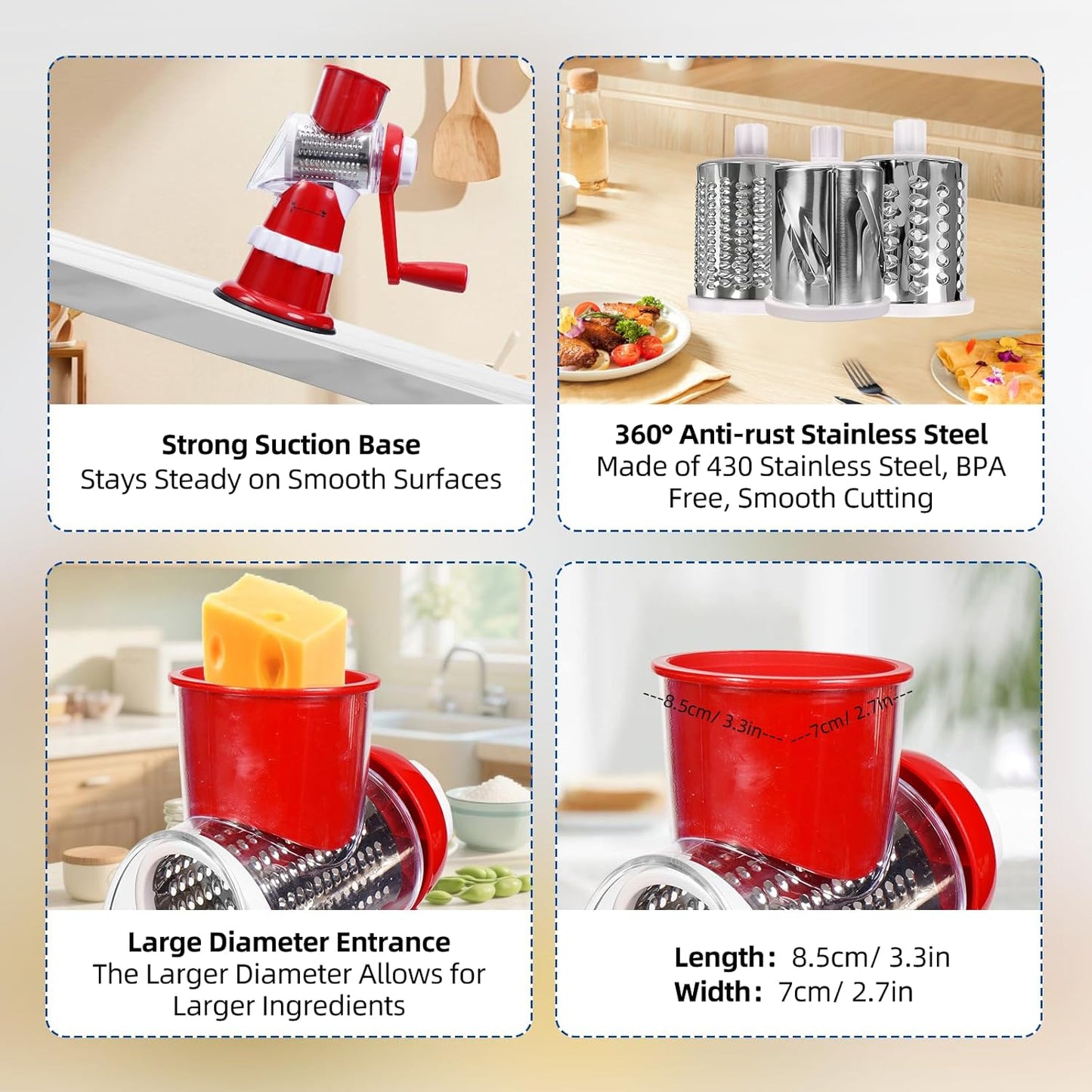Rotary Cheese Grater, Hand Crank with Suction Base Cheese Shredder Hand Crank 3 Stainless Steel Blades, Rotary Cheese Grater with Handle, Easy to Clean, Rotary Grater for Cheese Vegetable Nuts (Red)