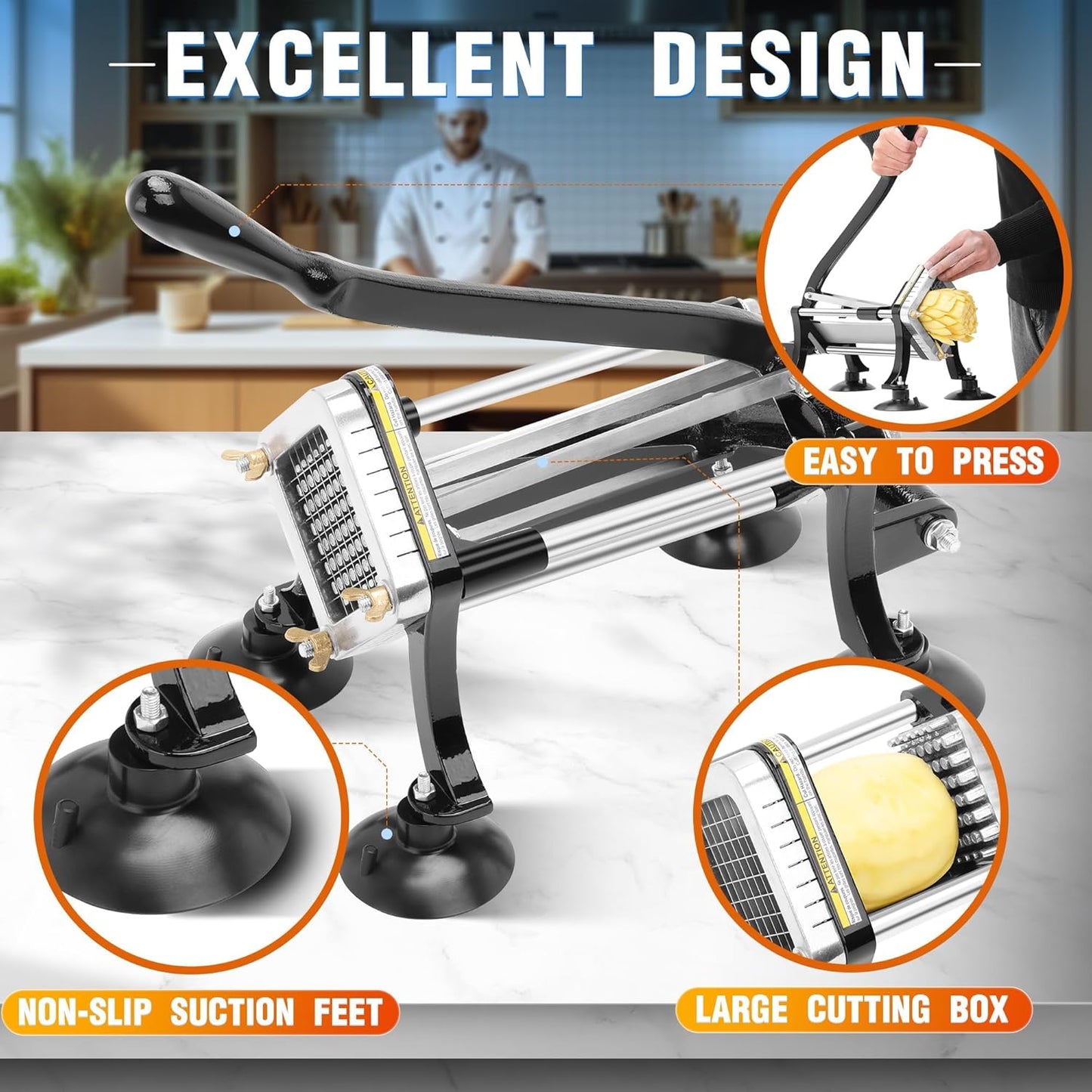 French Fry Cutter for Potatoes, Stainless Steel Potato Cutter for Fries with 1/2", 3/8", 1/4" Replaceable Blades, Glove, and Brush