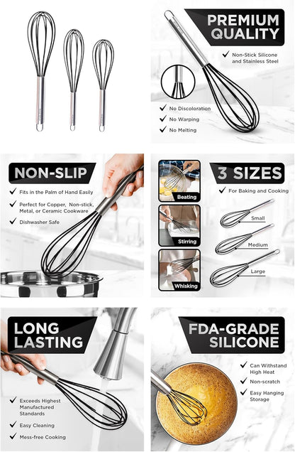 Silicone Whisk Set of 3 - wire whisk for Cooking Non-Scratch - whisks for cooking - Hand Whisk - whisker tool - wisking tool stainless