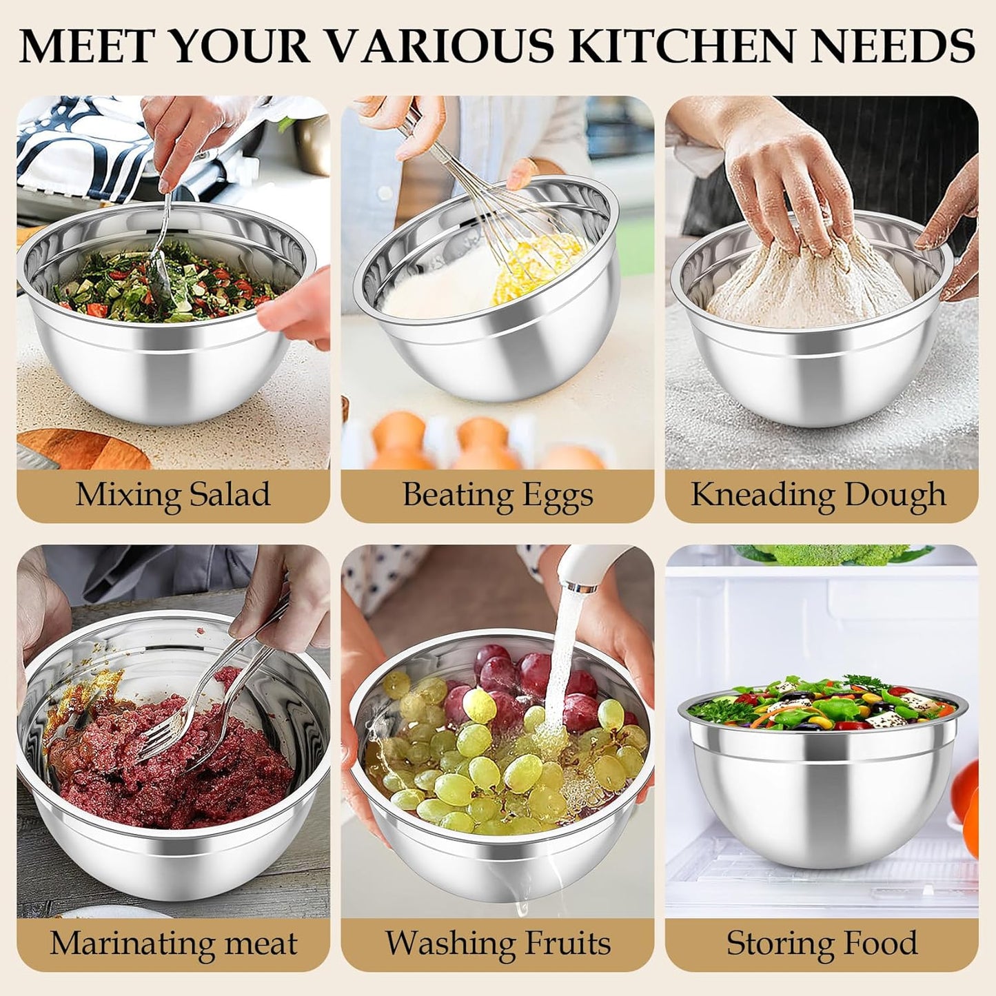 TeamFar Mixing Bowls, 6PCS Stainless Steel Nesting Mixing Salad Bowl with Lids & 3 Grater Attachments, for Food Cooking Baking Storing, Healthy, Khaki - 4.6/2.6/2 / 1.5/1 / 0.7 QT
