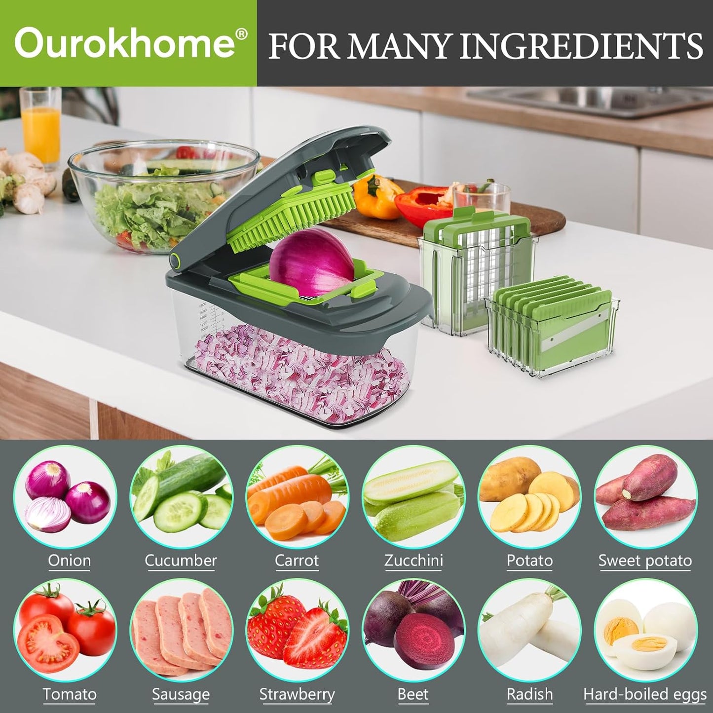 Ourokhome Veggie Chopper and Dicer with Container, Manual Hand Food Mandolin Slicer with 4 in 1 Handheld Vegetable Spiralizer for Zucchini, Potato, Onion, Essential Kitchen Gadgets (12 in 1, Gray)