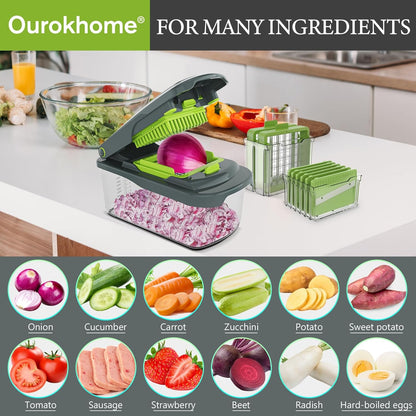 Ourokhome Veggie Chopper and Dicer with Container, Manual Hand Food Mandolin Slicer with 4 in 1 Handheld Vegetable Spiralizer for Zucchini, Potato, Onion, Essential Kitchen Gadgets (12 in 1, Gray)