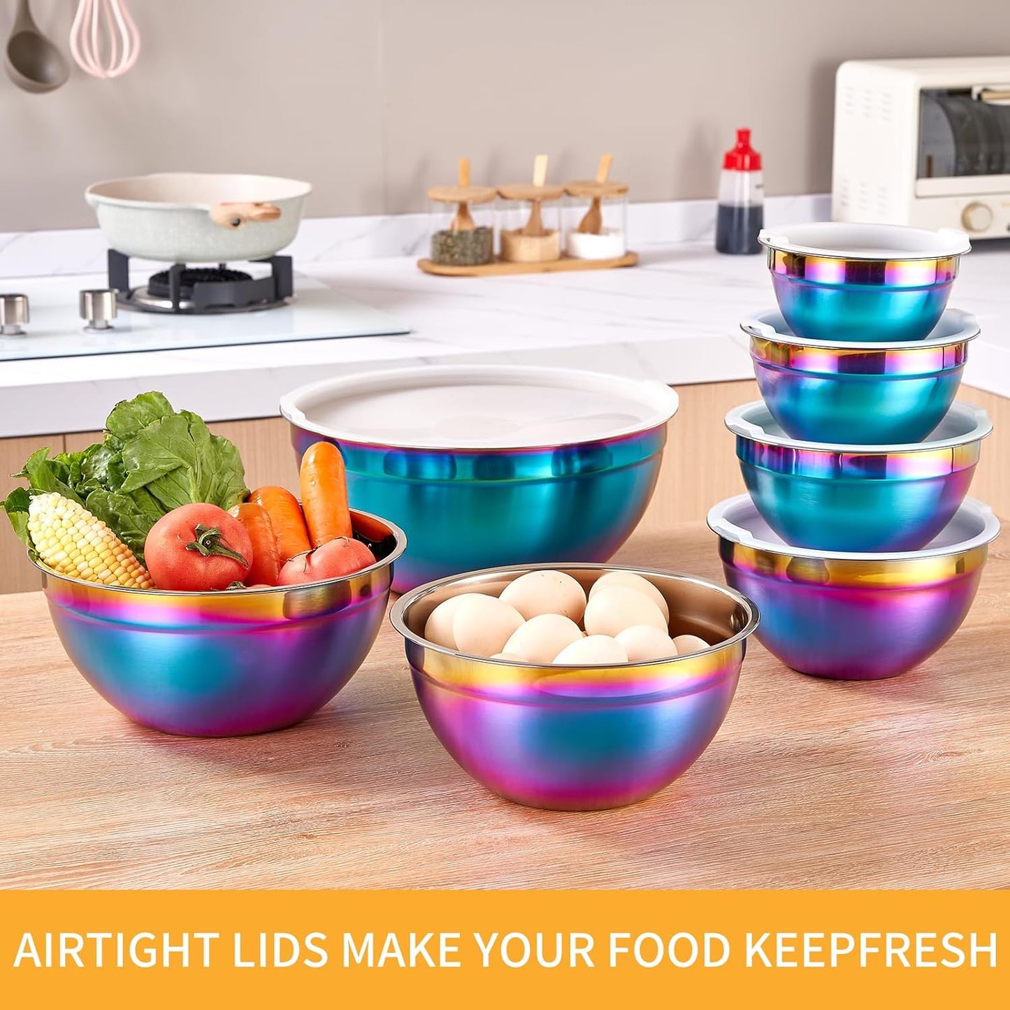 Gold Mixing Bowls With Airtight Lids,Stainless Steel Bowl,Salad Bowls 7 Piece Colorful Nesting Bowl Gold Kitchen Accessories,Size 7,3.6,2.7,2.1,1.5,1.1,0.8QT Stackable Design