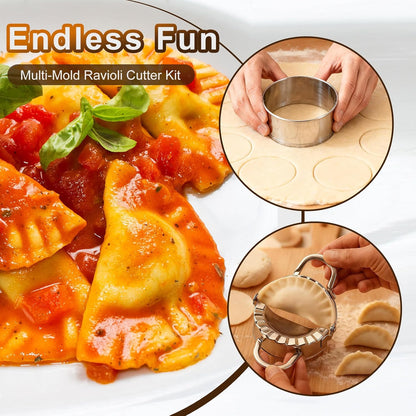 Ravioli Cutter Set - 10 Pieces Ravioli Press Mold, Round & Square Ravioli Stamp, Ravioli Cutter Wheel, Wood Rolling Pin, Pasta Making Kit for Ravioli Mold