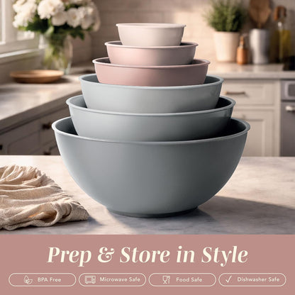 COOK WITH COLOR Mixing Bowls with Lids - 12 Piece Plastic Nesting Bowls Set includes 6 Prep Bowls and 6 Lids, Microwave Safe Mixing Bowl Set, Sage Embossed - Colors A