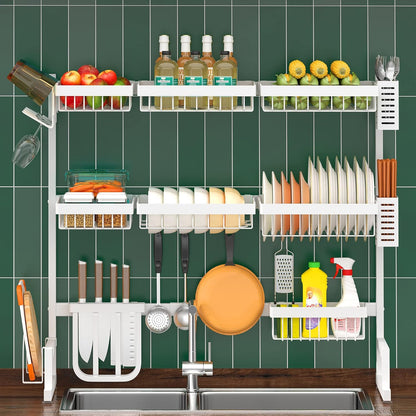 PUSDON Over the Sink Dish Drying Rack, 2 Tier Adjustable Large Capacity Stainless Steel Dish Rack for Kitchen Counter, Heavy Duty Space Saver Organizer with Utensil Holder, Black