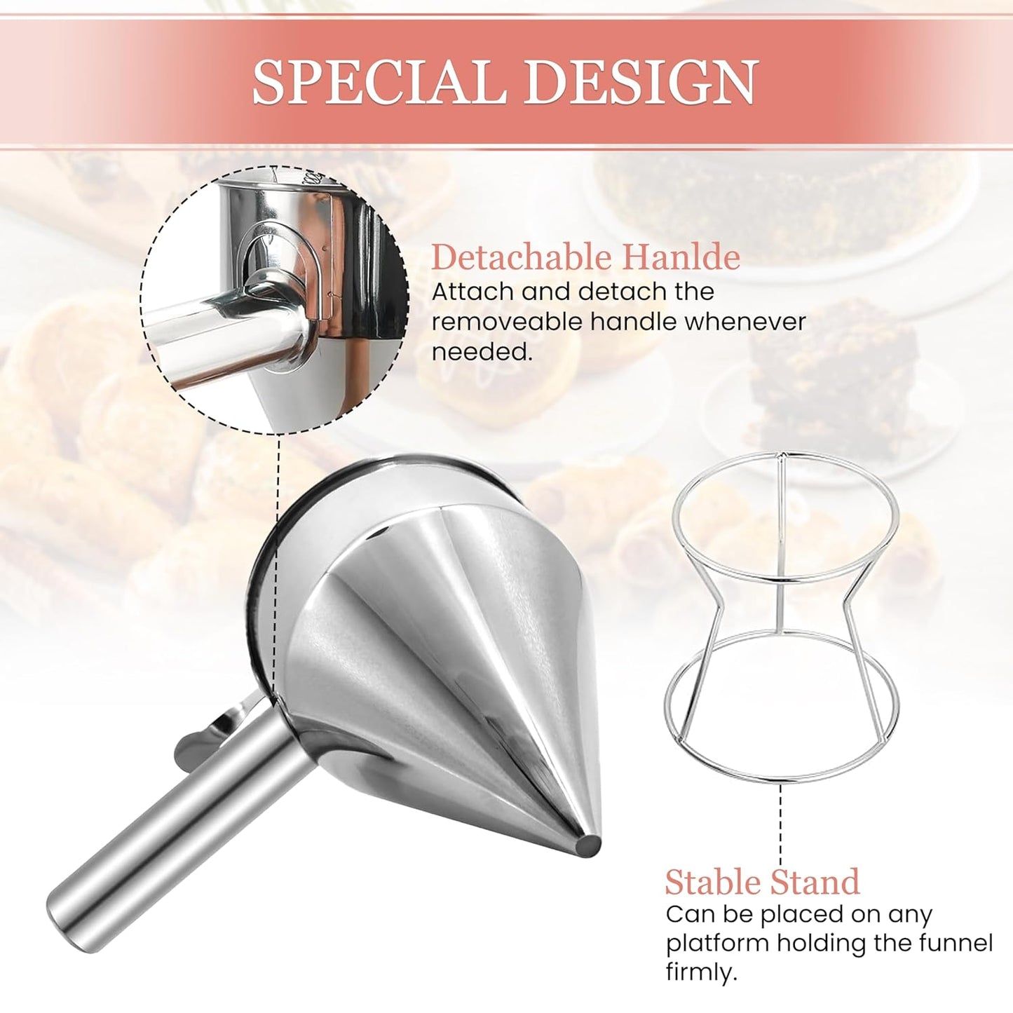 Piston Funnel with Stand - Stainless Steel Confectionery Funnel for Batter Dispensing & Bakery Use - Precise Cake Decorating Tool - Perfect for Pouring Sauces, Chocolate & Fillings | Silver