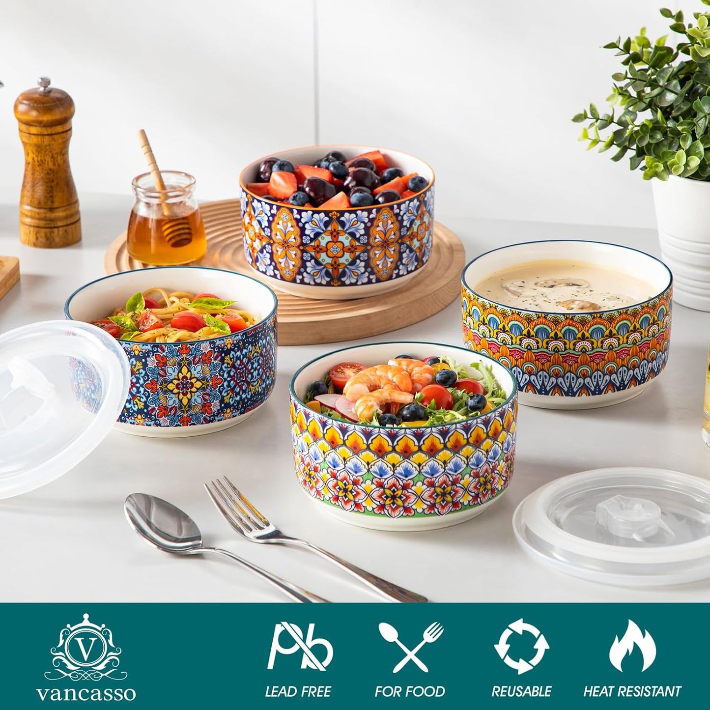 vancasso Serving Bowls with Lids Set of 4, Ceramic Nesting Mixing Bowls for Food Storage, Prep and Stackable, Dishwasher & Microwave Safe Gift Set, 60/36/20/10 OZ, Series SIMI