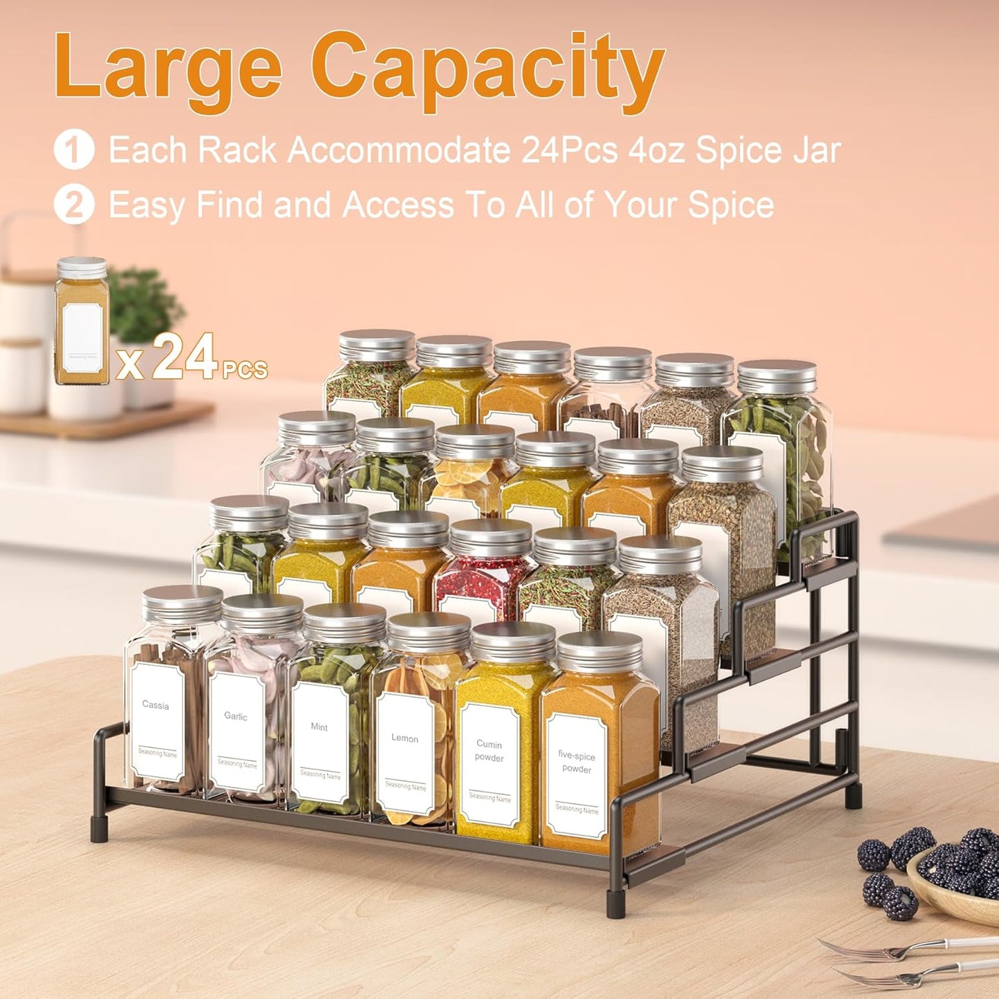 RUILALIFE 4-Tier-Spice-Rack-Organizer-for-Cabinet, Adjustable Depth Spice Holder Shelf For Countertop Pantry Cupboard, Metal Tiered Seasoning Organizer,Display Shelf Riser (Black-1 Pack)
