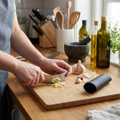 Garlic Press Rocker Stainless Steel, Manual Garlic Mincer Crusher with Silicone Peeler Set, Heavy Duty Ginger Smasher with Bottle Opener for Kitchen, Dishwasher Safe, Silver & Black