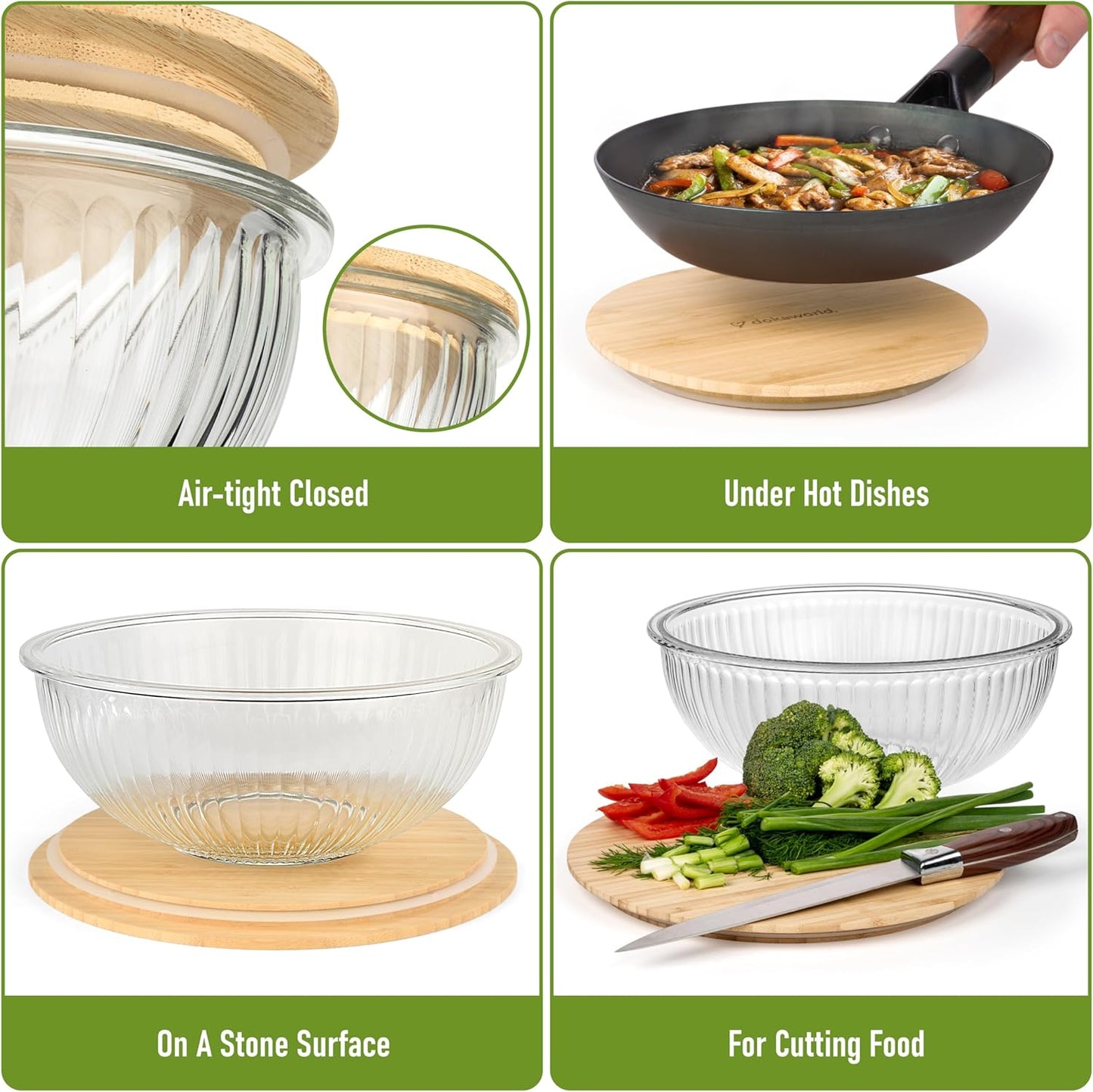 Set of 5 Nesting Glass Bowls with New Updated Acacia Lids for Foodprep, Storage, Mixing & Cooking - Microwave & Oven-ready BPA Free Durable Heat Resistant Inert Borosilicate Glass