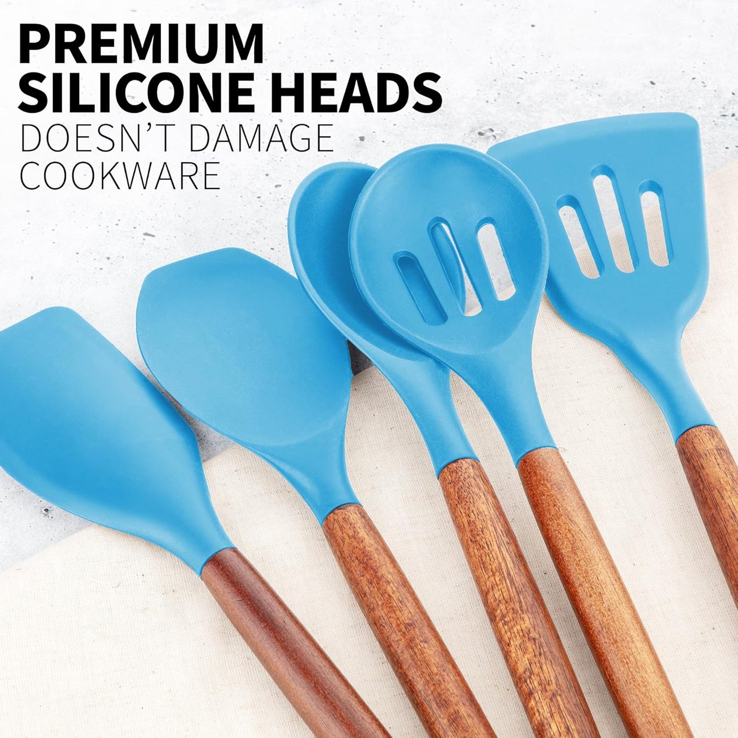 Zulay Kitchen Utensils Set Non-Stick Silicone Cooking Utensils Set with Authentic Acacia Wood Handles - 5 Piece Silicone Utensil Set - Kitchen Utensils Set with 464°F Heat Resistance - Gray
