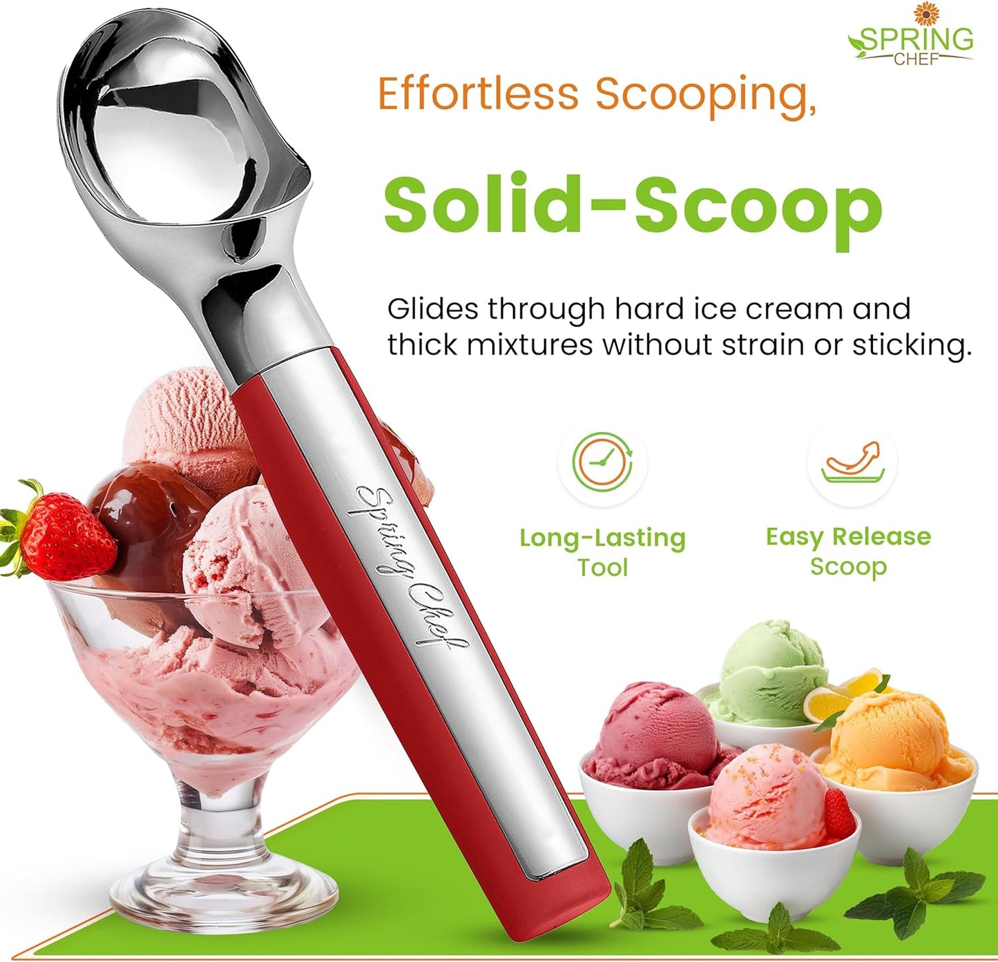 Spring Chef Heavy Duty Metal Ice Cream Scoop - Dishwasher Safe Ice Cream Scooper, Commercial Icecream Scoop Spade, Professional Kitchen Tool for Gelato, Melon, Sundae, Cookie Spoon - Black