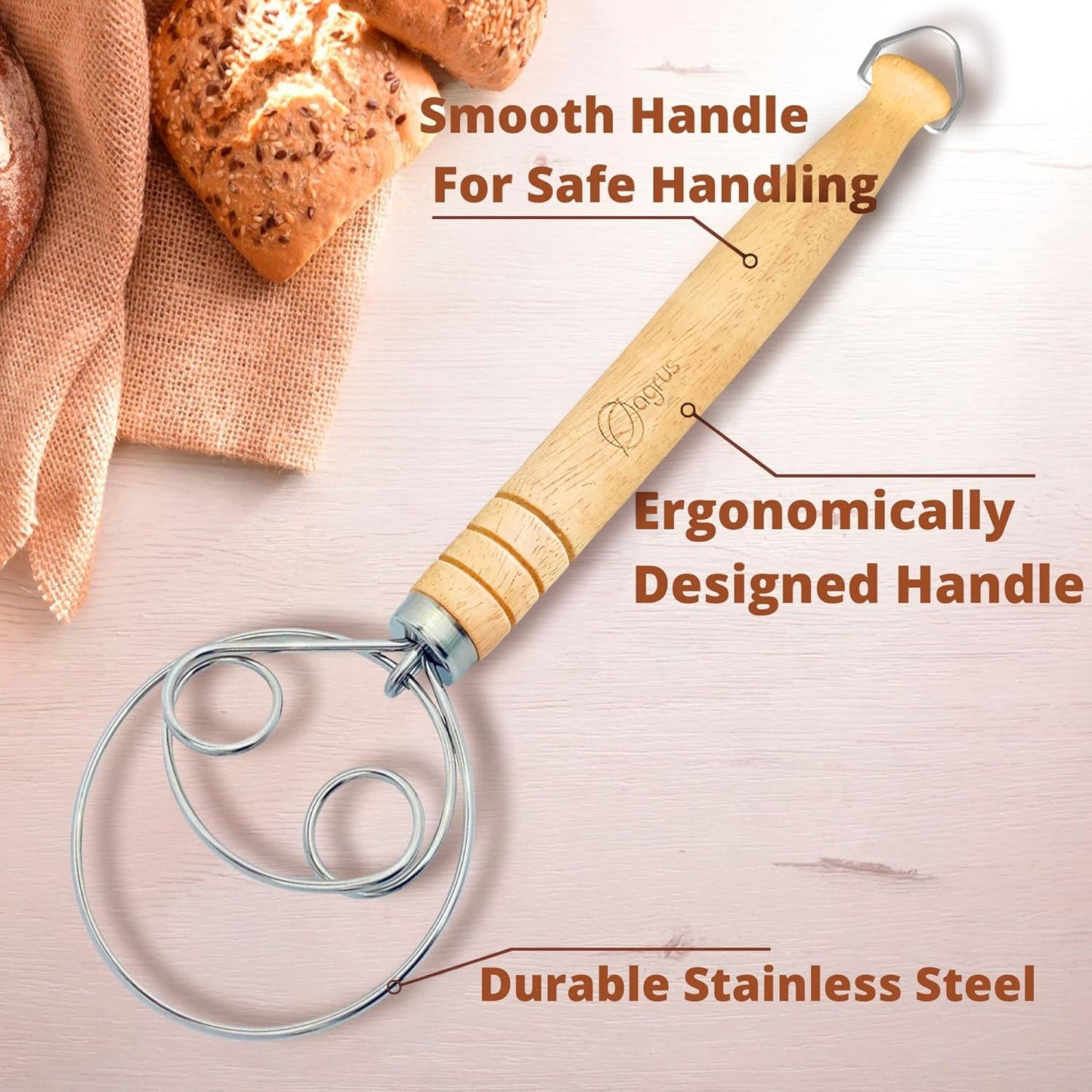 Danish Dough Whisk and Bread Lame Set for Bakers - Pastry and Bread Making Tools - Flour Whisk with Wooden Handle 13.5 inch