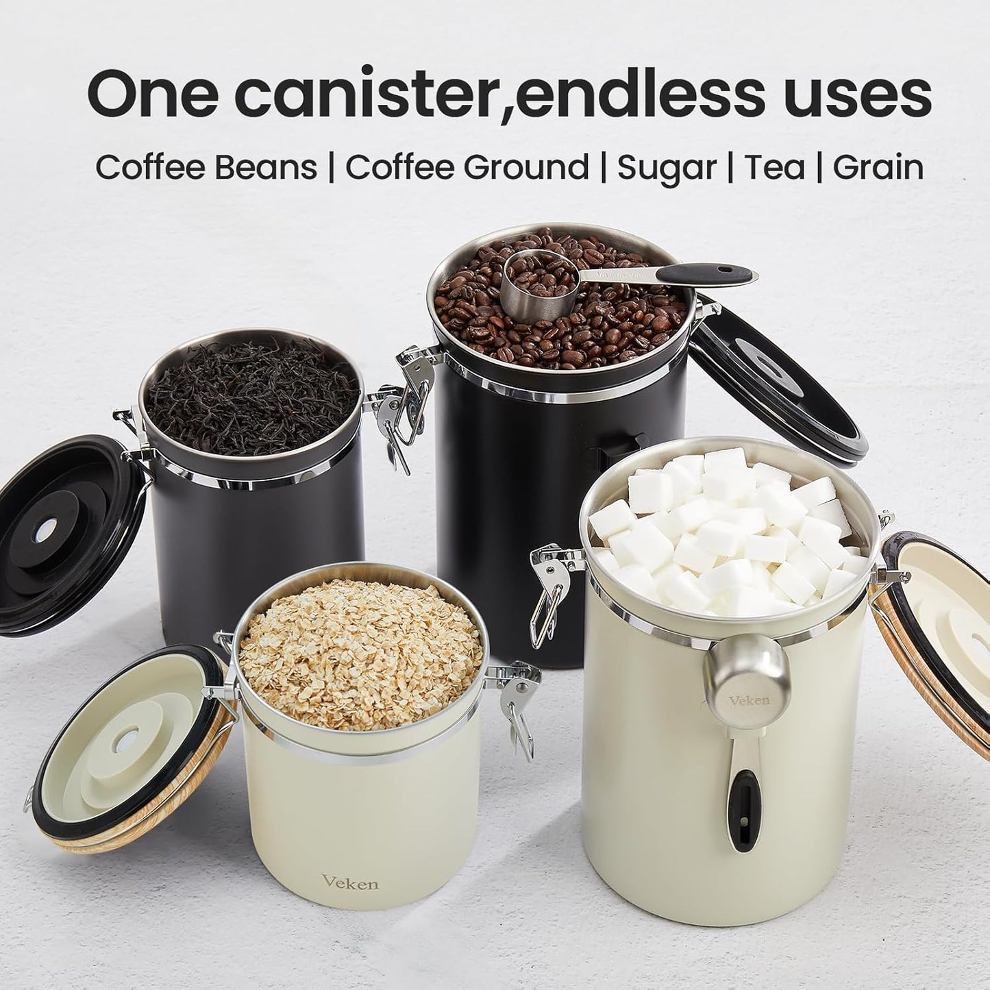Veken Coffee Canister, Airtight Stainless Steel Kitchen Food Storage Container with Date Tracker and Scoop for Beans, Grounds, Tea, Flour, Cereal, Sugar, Cookie, 16OZ, Cream