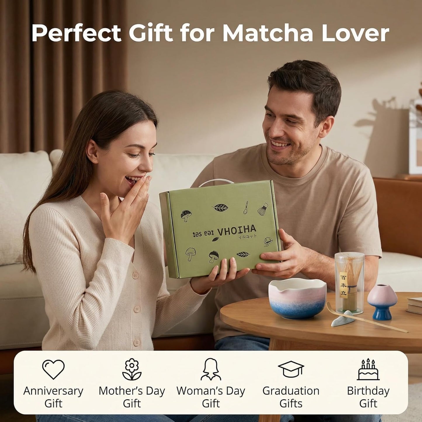 Matcha Whisk Set ,7 Pcs Matcha Set, Matcha Kit for Ceremony, Tradition Tea Set for Making Breakfast/Latte, with 20 OZ Bowl(Chawan)/Whisk and Holder, Valentine's Day Gift for Family/Friend Tea Lovers