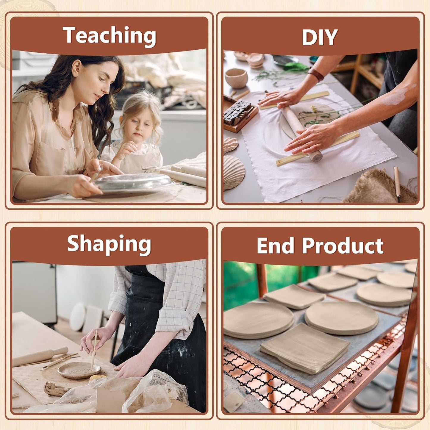 Sasylvia 10 Pcs Pottery Rolling Pin Guides Wood Teaching Rolling Mud Stick Guide Set Polymer Clay Depth Guide Pottery Tools Clay Mudboard Tools (5 Size,Wood Color)