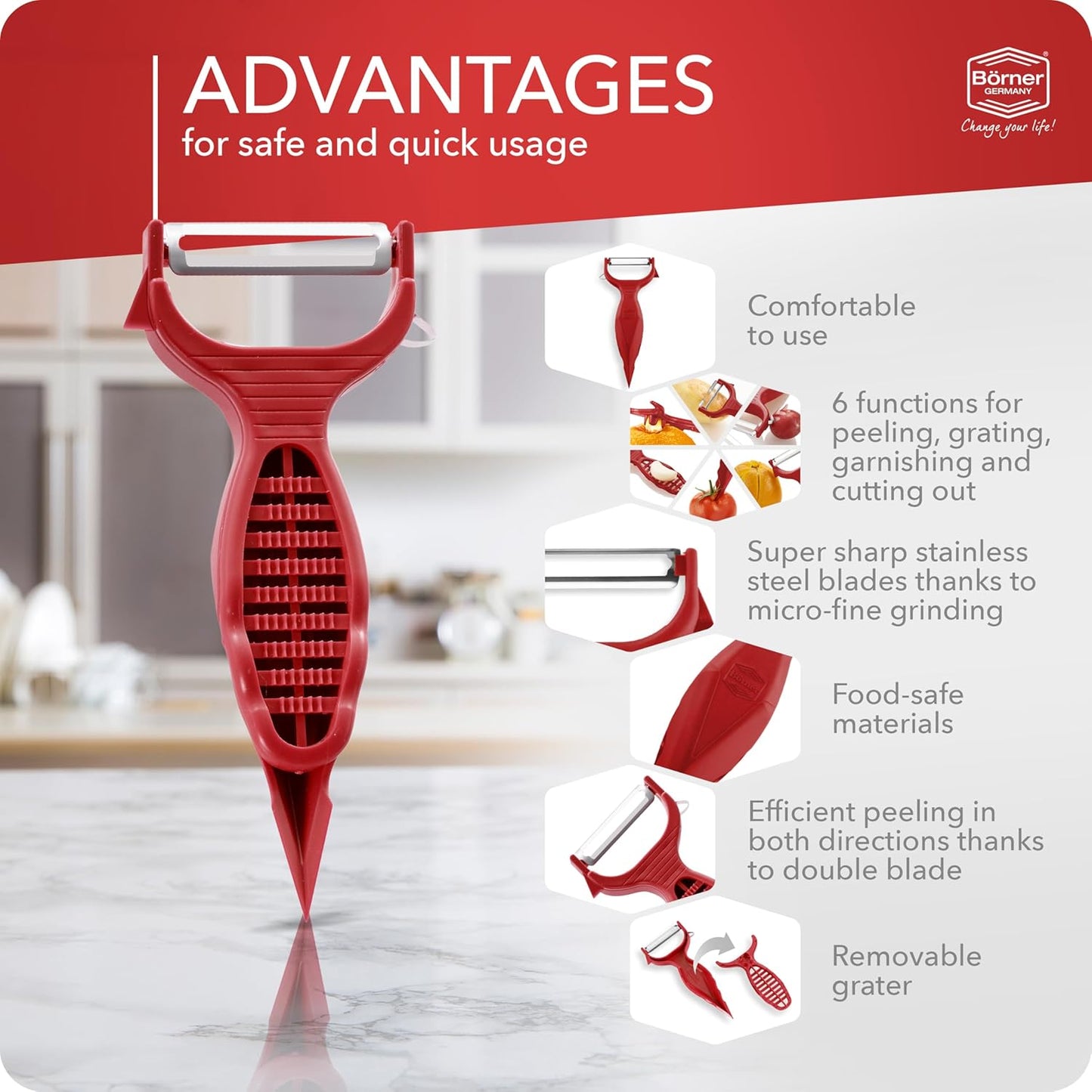 Börner Vegetable Peeler (6-in-1) • Garnishing Peeler with Grater • Multifunctional Peeler for Fruits & Vegetables • Fruit Peeler, Universal Peeler, Potato Peeler • Color: Purple