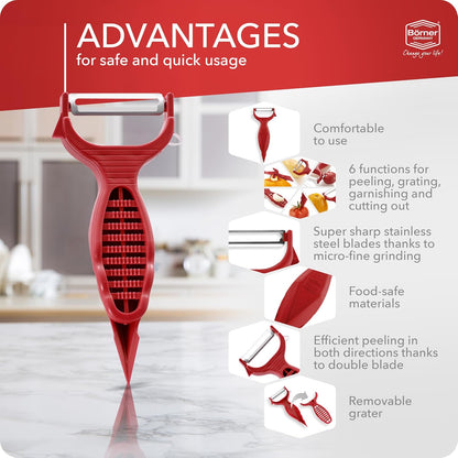 Börner Vegetable Peeler (6-in-1) • Garnishing Peeler with Grater • Multifunctional Peeler for Fruits & Vegetables • Fruit Peeler, Universal Peeler, Potato Peeler • Color: Purple