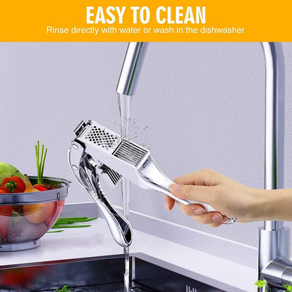 2-in-1 Garlic Press and Ginger Slicer - Heavy Duty Stainless Steel Garlic Mincer, Ergonomic Handle Garlic Crusher with Slicer Function, Dishwasher Safe Kitchen Gadget for Garlic, Ginger, Nuts