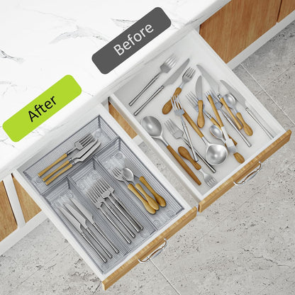 Neudeco Silverware Drawer Organizer - 5 Compartment Cutlery Tray with Non-Slip Feet, Mesh Wire Flatware Storage Divider for Kitchen, Bedroom, Living Room (Silver)