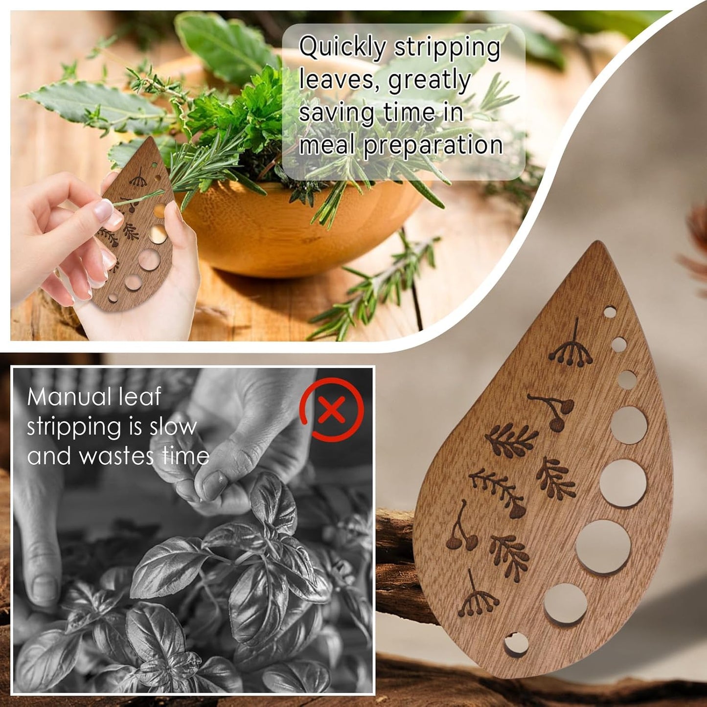 Premium Herb Stripper, Wooden Herb Stripper Tool 8 Holes, Kitchen Herbs Leaf Stripping Tool Leaf Peeler for Collard Green Thyme Basil Rosemary Stripper Practical Kitchen Tools