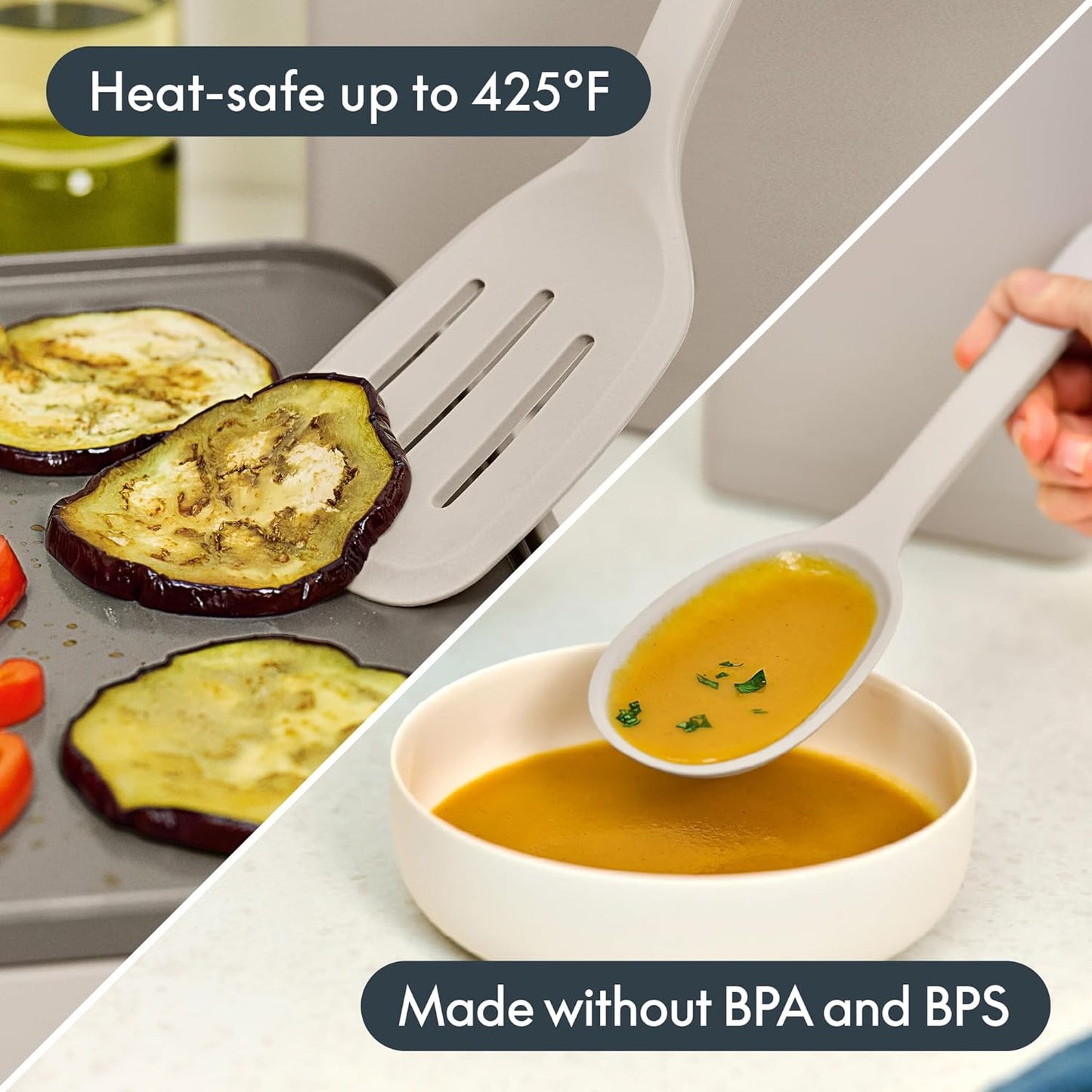 bella 5-Piece Kitchen Tool Set with Magnetic Rack, Silicone, Turner, Spoon, Slotted Spoon, Spatula, Utensil Holder, Magnetic Holder, Non-toxic*, Food-grade, Heat safe to 425°F, Dishwasher Safe, Slate