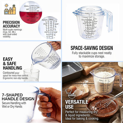 Measuring Cups Set, 3PCS with Pour Spout & Handle, Multi-Scale (cup | oz | ml) Stackable Liquid & Dry Plastic Measuring Tools for Baking Cooking, Essential Kitchen Gadgets (Coffee Brown)