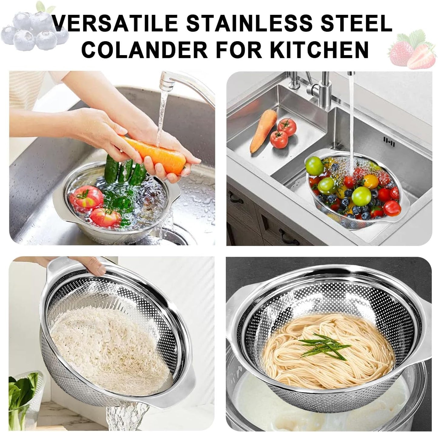 Colander for Kitchen, 1.5 QT 18/8 Stainless Steel Colander, Stainless Steel Strainer with Mixing Bowl, Rice Strainer with Handle for Washing Vegetables, Fruit, Rice, and Pasta (2 PC)