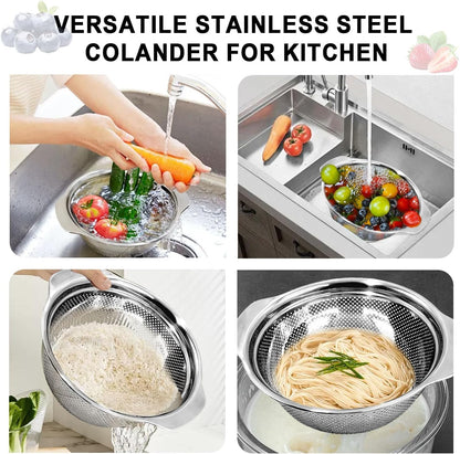 Colander for Kitchen, 1.5 QT 18/8 Stainless Steel Colander, Stainless Steel Strainer with Mixing Bowl, Rice Strainer with Handle for Washing Vegetables, Fruit, Rice, and Pasta (2 PC)