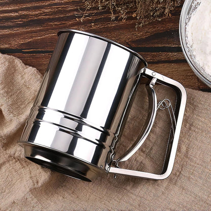 Flour Sifter for Baking, 304 Stainless Steel 5 Cup Flour Sieve Fine Mesh Screen Powder Sifters with Loop Agitator for Quick Sifting, Hand Crank Sifter for Cooking Baking Kitchen Sugar Utensil DIY