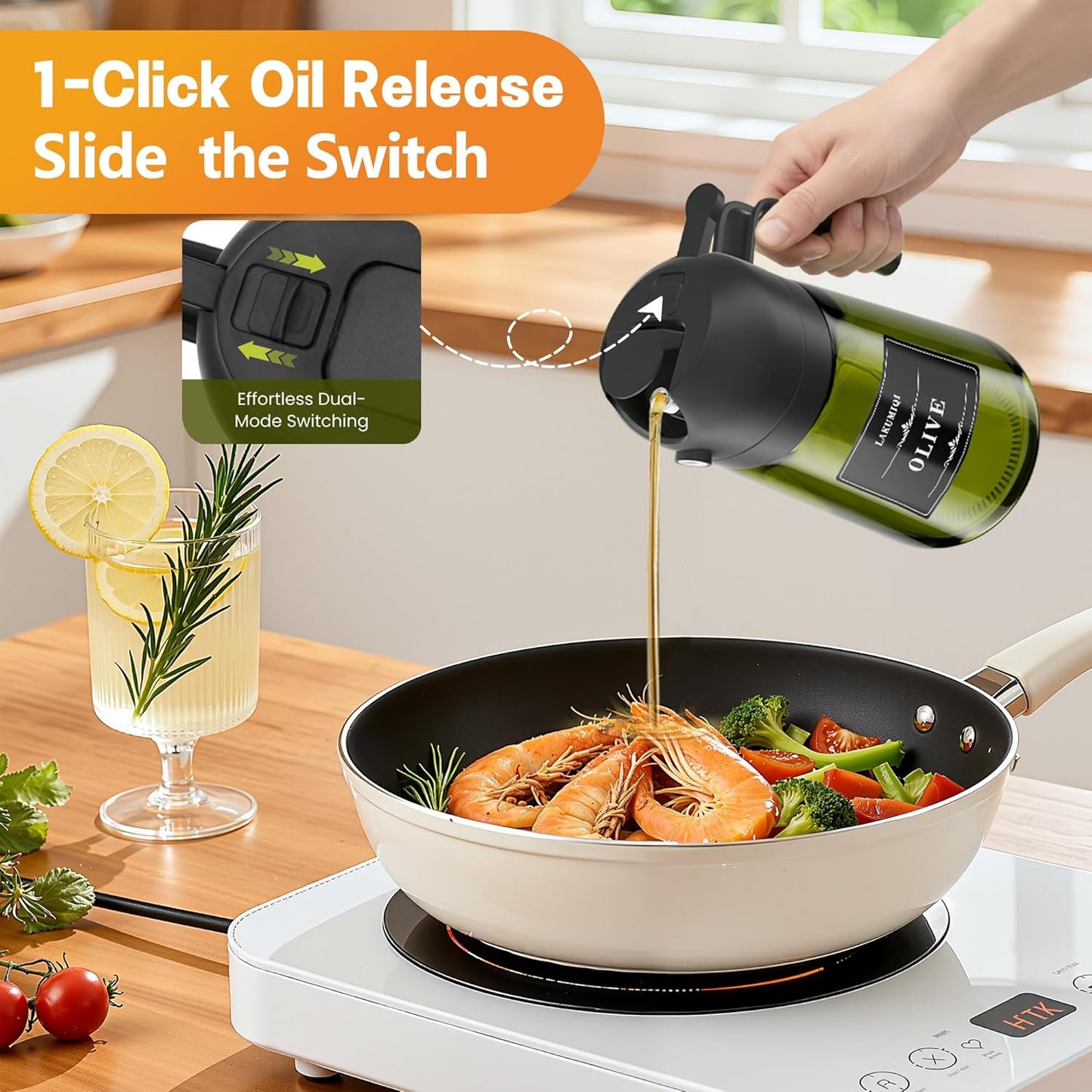 OURCABECUE 2 in 1 Olive Oil Sprayer for Cooking, 16oz/470ml Light-Blocking Dark Olive Oil Dispenser Bottle for Kitchen, Food-Grade Glass Oil Mister with 8 Oil Stickers