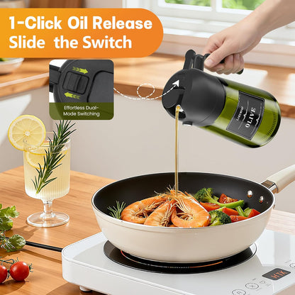 OURCABECUE 2 in 1 Olive Oil Sprayer for Cooking, 16oz/470ml Light-Blocking Dark Olive Oil Dispenser Bottle for Kitchen, Food-Grade Glass Oil Mister with 8 Oil Stickers