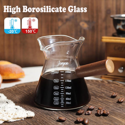 Joeyan 6 oz Glass Measuring Cups with Spout,Borosilicate Glass Triple Pitcher with Scale,Origami Style Espresso Shot Glasses with Wood Handle for Coffee Milk,Dishwasher Safe