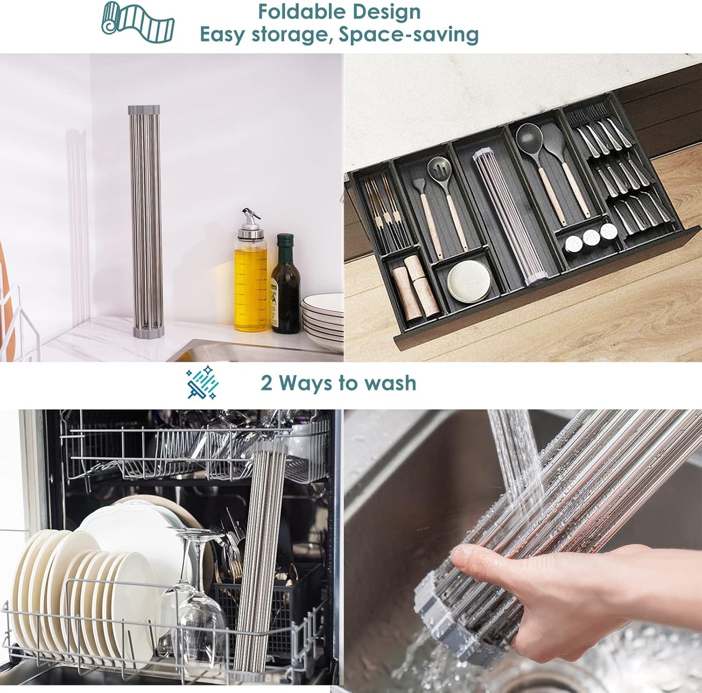 Tomorotec Roll Up Dish Drying Rack Over The Sink Grey Large Dish Drying Rack Rolling Foldable Collapsible SUS304 Stainless Steel Multipurpose Dish Drainer for Kitchen Counter (21”x15.7”)
