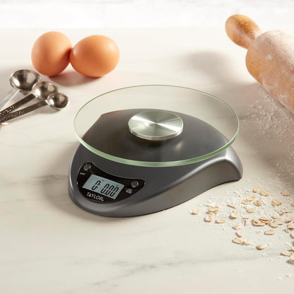 Taylor Digital Kitchen Scale with Glass Platform, Tare Button, and Plastic Body Weighs up to 11 Pounds Capacity, White