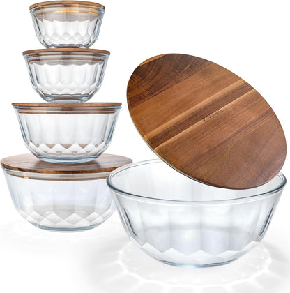 Set of 5 Nesting Glass Bowls with New Updated Acacia Lids for Foodprep, Storage, Mixing & Cooking - Microwave & Oven-ready BPA Free Durable Heat Resistant Inert Borosilicate Glass