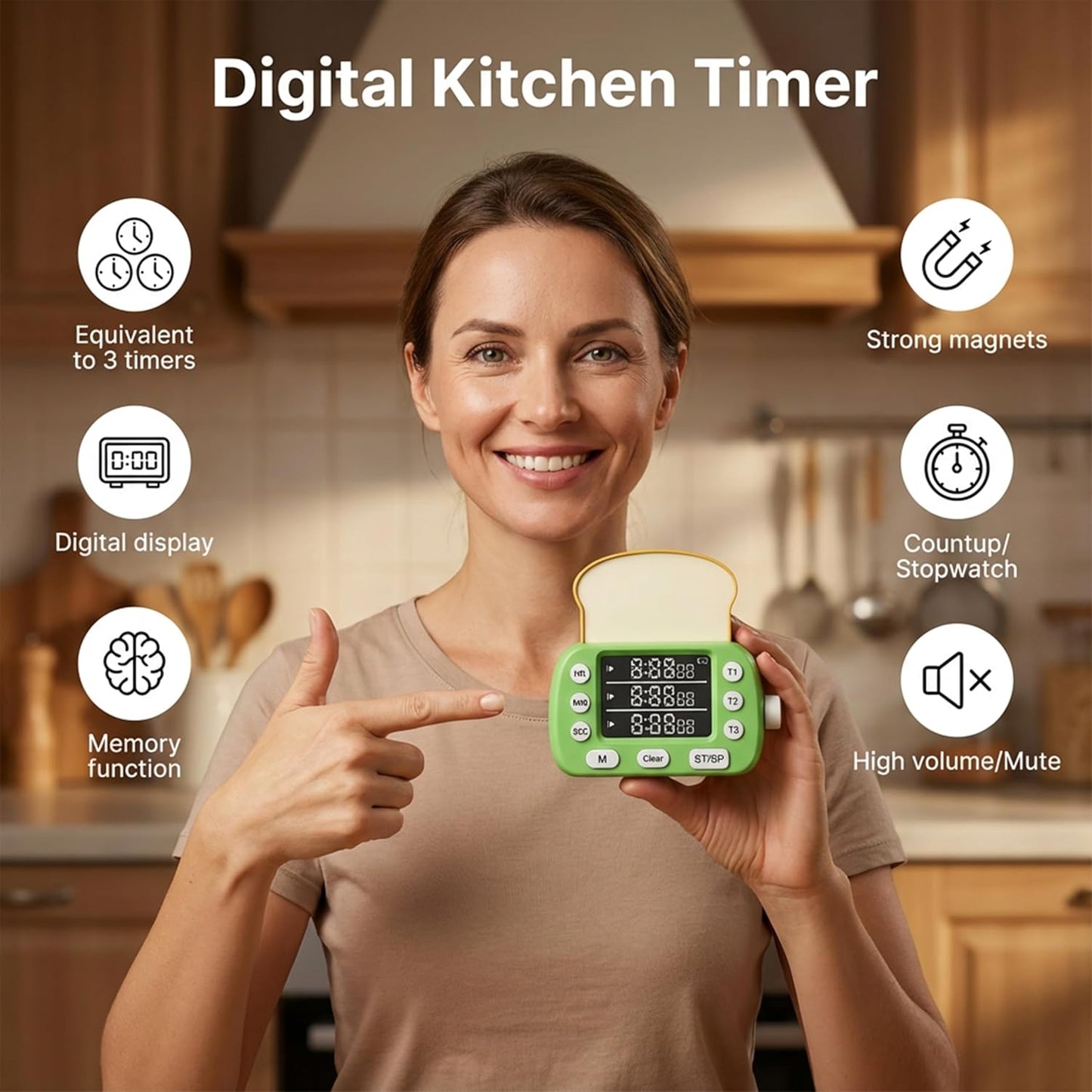 Digital Kitchen Timer for Cooking - 3 Channel Countdown Timer and Stopwatch with Strong Magnets,Silent Mode, LED Display, Memory, Timers for Cooking, Oven, Egg, Baking, Grilling, Teaching